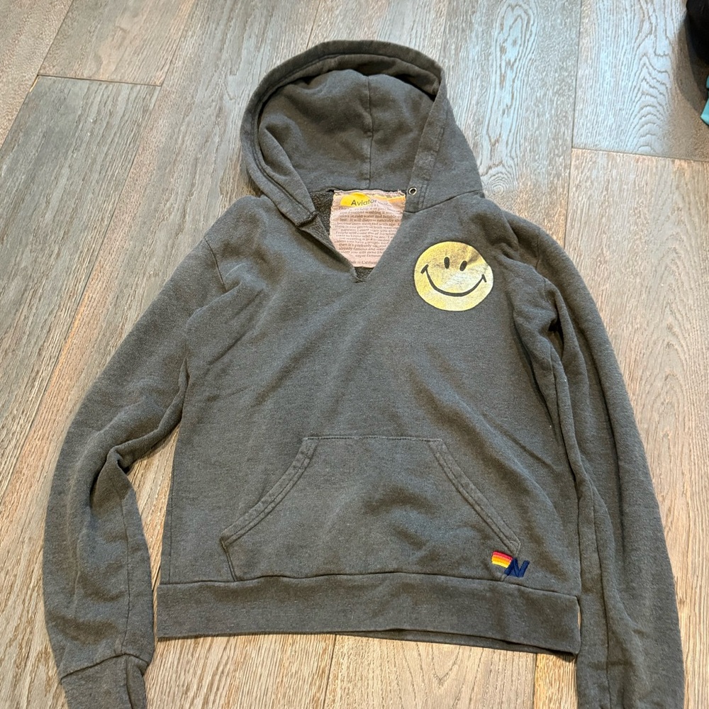 Aviator Nation Gray Hoodie with Gold Smiley Face